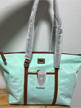 Dooney & Bourke Light Aqua Large Zip Tote with Key Fob NWT